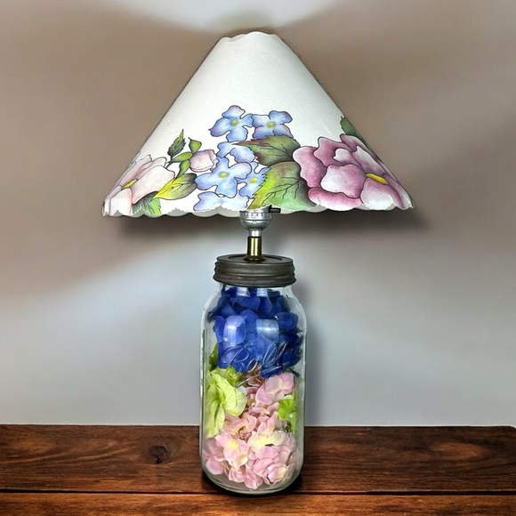 Vintage Mason Jar Lamp Hydrangea Floral Hand Crafted  21” with  Lamp Shade 1999 - Picture 16 of 16